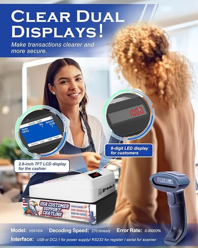 2025 HypeXtec Smart Cash Register with Cash Drawer&Scanner for Small Business,Waterproof&Oil-Proof Electronic Cash Registers Dual Display and Auto Print Receipt in Saudi Arabia
