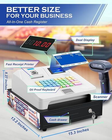 2025 HypeXtec Smart Cash Register with Cash Drawer&Scanner for Small Business,Waterproof&Oil-Proof Electronic Cash Registers Dual Display and Auto Print Receipt in Saudi Arabia