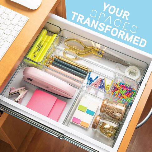 primebox Plastic Clear Acrylic Drawer Organizers. Bathroom, Kitchen, Bedroom, Utensils, Office Organizer Bins, Storage Trays. Heavy Duty, Stackable. 9" x 2" x 2" Set of 6 in Saudi Arabia