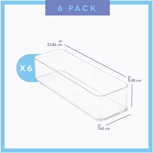 primebox Plastic Clear Acrylic Drawer Organizers. Bathroom, Kitchen, Bedroom, Utensils, Office Organizer Bins, Storage Trays. Heavy Duty, Stackable. 9" x 2" x 2" Set of 6 in Saudi Arabia