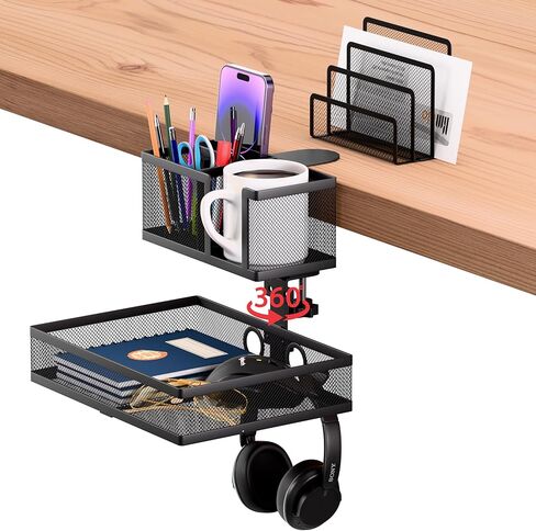 6-in-1 Under Desk Drawer Organizer with Clip On Cup Holder, Easy to Install Standing Desk Drawer Attachment, Space-Saving Clamp Organizer for Home & Office in Saudi Arabia