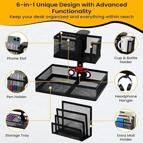 6-in-1 Under Desk Drawer Organizer with Clip On Cup Holder, Easy to Install Standing Desk Drawer Attachment, Space-Saving Clamp Organizer for Home & Office in Saudi Arabia