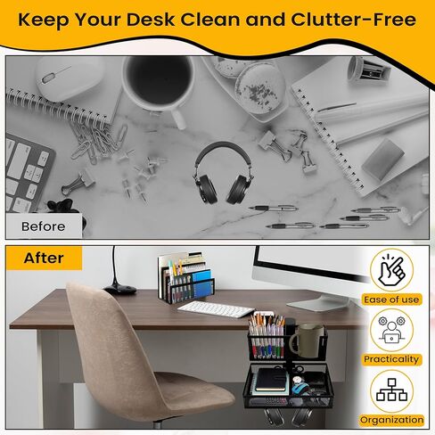 6-in-1 Under Desk Drawer Organizer with Clip On Cup Holder, Easy to Install Standing Desk Drawer Attachment, Space-Saving Clamp Organizer for Home & Office in Saudi Arabia