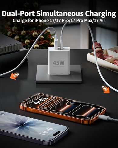 شاحن iPhone 17، محول طاقة مزدوج المنفذ من النوع C بقوة 45 وات للشحن السريع، كتلة شاحن USB C لأجهزة iPhone 17/17 Pro/17 Pro Max/Air/16/15 Pro Max/Plus، iPad، مع سلك كابل USB-C طويل بطول 10أقدام in Kuwait