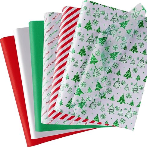Christmas Tissue Paper, 120 Sheets 14 x 20" White Red and Green Tissue Paper Bulk for Gift Bags, Gift Wrapping Tissue for Xmas Winter Holiday Party Decor, White Green Red Stripe Christmas Tree Designs in Saudi Arabia