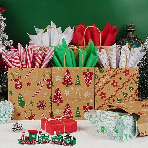 Christmas Tissue Paper, 120 Sheets 14 x 20" White Red and Green Tissue Paper Bulk for Gift Bags, Gift Wrapping Tissue for Xmas Winter Holiday Party Decor, White Green Red Stripe Christmas Tree Designs in Saudi Arabia