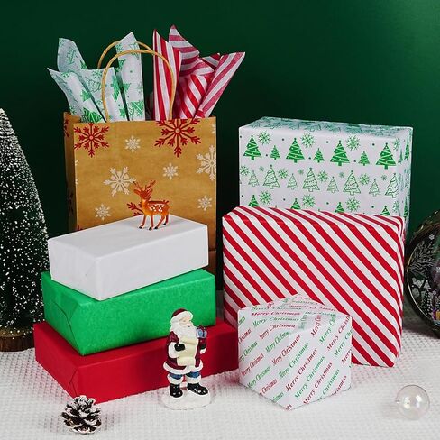Christmas Tissue Paper, 120 Sheets 14 x 20" White Red and Green Tissue Paper Bulk for Gift Bags, Gift Wrapping Tissue for Xmas Winter Holiday Party Decor, White Green Red Stripe Christmas Tree Designs in Saudi Arabia