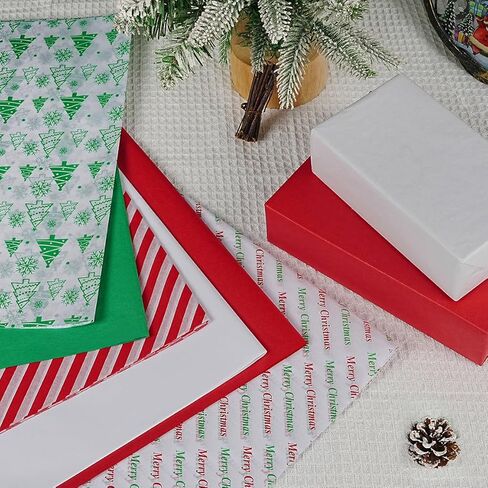Christmas Tissue Paper, 120 Sheets 14 x 20" White Red and Green Tissue Paper Bulk for Gift Bags, Gift Wrapping Tissue for Xmas Winter Holiday Party Decor, White Green Red Stripe Christmas Tree Designs in Saudi Arabia
