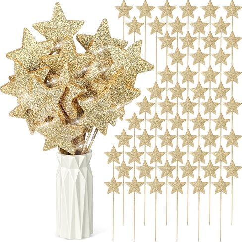 BrightRow 60 Pcs Golden Star Picks for Christmas Table Centerpiece 9.8" Glitter Sparkly Decorations Foam Stems Sticks for Floral Arrangements Baby Shower Party Wedding Supplies(Star) in Saudi Arabia