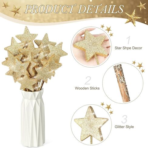 BrightRow 60 Pcs Golden Star Picks for Christmas Table Centerpiece 9.8" Glitter Sparkly Decorations Foam Stems Sticks for Floral Arrangements Baby Shower Party Wedding Supplies(Star) in Saudi Arabia