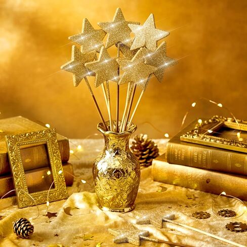 BrightRow 60 Pcs Golden Star Picks for Christmas Table Centerpiece 9.8" Glitter Sparkly Decorations Foam Stems Sticks for Floral Arrangements Baby Shower Party Wedding Supplies(Star) in Saudi Arabia