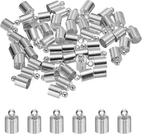 50-Pack Tassel Cord End Caps, 6mm ID Copper Glue in Leather Barrel Kumihimo End Tip Bead Caps for Jewelry Making/Bracelets/DIY Pendant, Cord Terminators [Light Silver] in Kuwait
