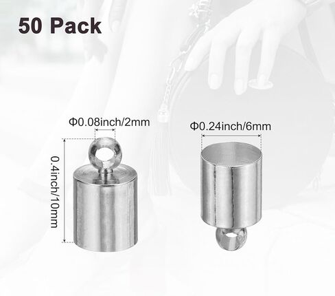 50-Pack Tassel Cord End Caps, 6mm ID Copper Glue in Leather Barrel Kumihimo End Tip Bead Caps for Jewelry Making/Bracelets/DIY Pendant, Cord Terminators [Light Silver] in Kuwait