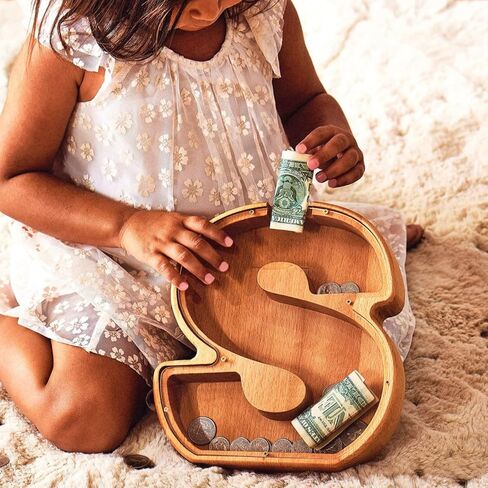 Personalized Wooden Piggy Bank – Custom Letter A Coin Bank in Beech Wood with Acrylic Front, Name Engraving, Money Saving Box for Kids and Adults in Saudi Arabia
