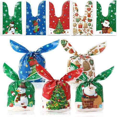 Christmas Treat Bags, 100 Pcs Xmas Plastic Cellophane Goodie Candy Cookie Rabbit Ears Gift Bag, Plastic Snack Goody Present Wrapping Bag for Christmas Holiday Event Party Favors Decoration (5 Designs) in Saudi Arabia