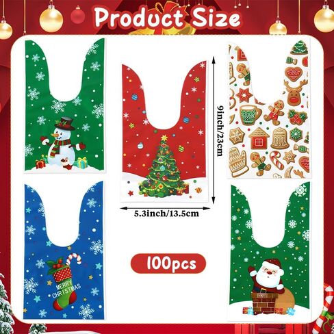 Christmas Treat Bags, 100 Pcs Xmas Plastic Cellophane Goodie Candy Cookie Rabbit Ears Gift Bag, Plastic Snack Goody Present Wrapping Bag for Christmas Holiday Event Party Favors Decoration (5 Designs) in Saudi Arabia