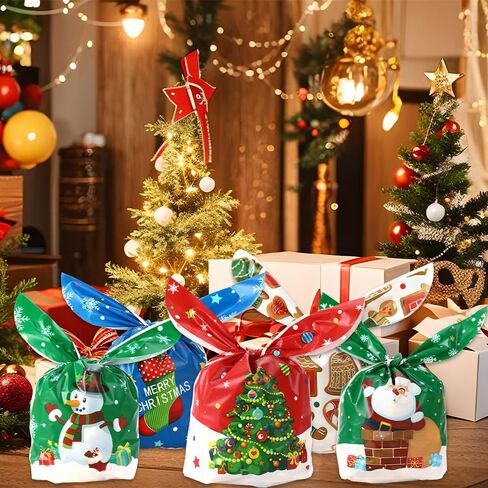 Christmas Treat Bags, 100 Pcs Xmas Plastic Cellophane Goodie Candy Cookie Rabbit Ears Gift Bag, Plastic Snack Goody Present Wrapping Bag for Christmas Holiday Event Party Favors Decoration (5 Designs) in Saudi Arabia