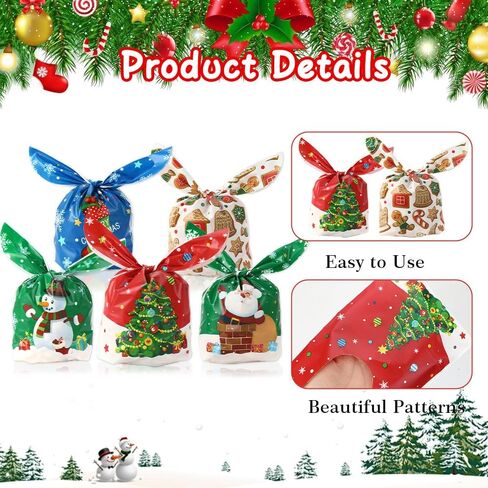 Christmas Treat Bags, 100 Pcs Xmas Plastic Cellophane Goodie Candy Cookie Rabbit Ears Gift Bag, Plastic Snack Goody Present Wrapping Bag for Christmas Holiday Event Party Favors Decoration (5 Designs) in Saudi Arabia