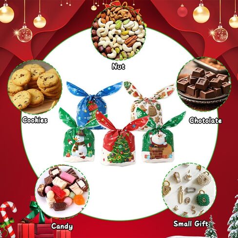 Christmas Treat Bags, 100 Pcs Xmas Plastic Cellophane Goodie Candy Cookie Rabbit Ears Gift Bag, Plastic Snack Goody Present Wrapping Bag for Christmas Holiday Event Party Favors Decoration (5 Designs) in Saudi Arabia