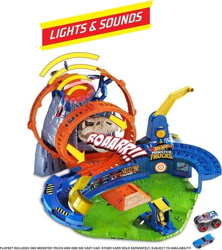 Hot Wheels Monster Trucks T-Rex Volcano Playset with 1:64 Scale Race Ace Toy Truck & 1 Toy Car, Track Set with Dinosaur Nemesis in Saudi Arabia
