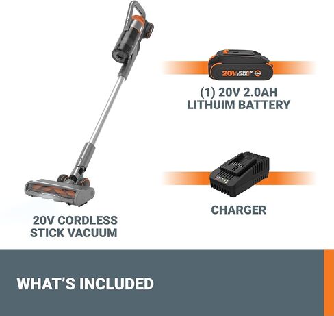 WORX 20V PowerShare Cordless Stick Vacuum WX038L.9, Powerful Cordless Vacuum Cleaner 25Kpa High Suction for Pet Hair, Lightweight Handheld Vacuum Cleans Floors Carpet Car – Tool Only in Saudi Arabia