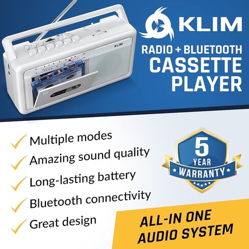 KLIM Portable Cassette Player & Tape Recorder – Boombox with AM/FM Radio, USB, Bluetooth, Speaker, and Earphone Jack – Battery and AC Operated - Black in Saudi Arabia