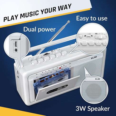 KLIM Portable Cassette Player & Tape Recorder – Boombox with AM/FM Radio, USB, Bluetooth, Speaker, and Earphone Jack – Battery and AC Operated - Black in Saudi Arabia