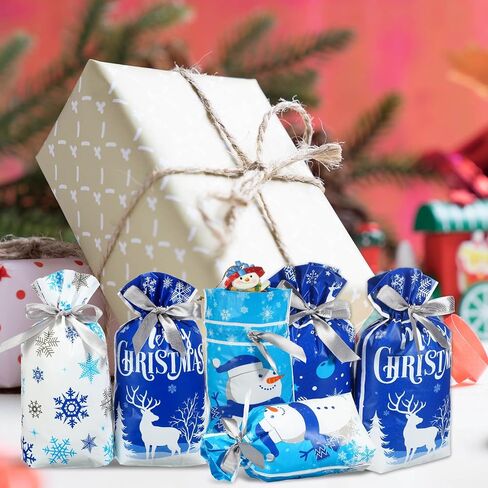 Christmas Drawstring Favor Bags Christmas Plastic Treat Candy Bag Xmas Goodies Gift Bags for Kids Birthday Snack Wrapping Christmas Party Favors Decor (50 Pcs, Snowman) in Saudi Arabia