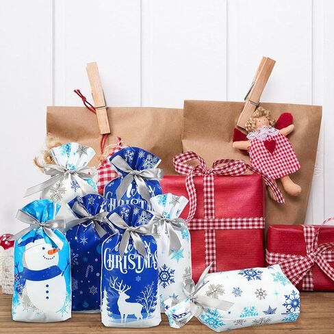 Christmas Drawstring Favor Bags Christmas Plastic Treat Candy Bag Xmas Goodies Gift Bags for Kids Birthday Snack Wrapping Christmas Party Favors Decor (50 Pcs, Snowman) in Saudi Arabia
