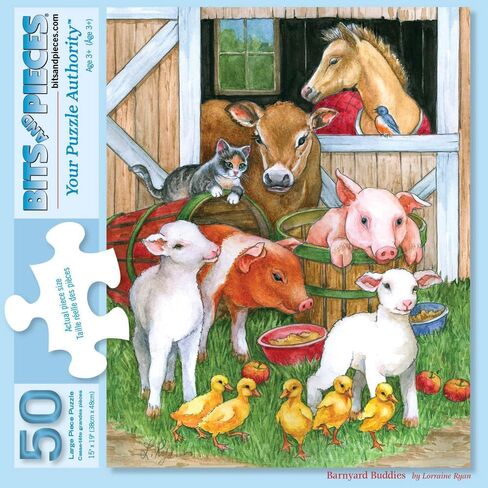 Bits and Pieces - 50 Piece Jigsaw Puzzle for Adults 15" x 19" - Barnyard Buddies - 50 pc Farm Animals Sheep Pigs Horses Jigsaw by Artist Lorraine Ryan in Saudi Arabia