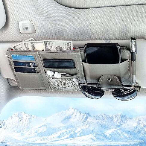 Sun Visor Organizer with Zipper Pockets and Glasses Clip, Multi-Pocket Car Visor Storage Pouch for Essentials, Universal Fit for Cars, SUVs, Trucks, Easy to Install with Elastic Straps, Grey in Saudi Arabia