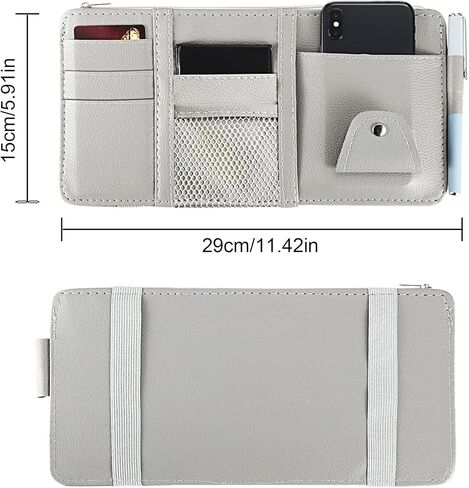Sun Visor Organizer with Zipper Pockets and Glasses Clip, Multi-Pocket Car Visor Storage Pouch for Essentials, Universal Fit for Cars, SUVs, Trucks, Easy to Install with Elastic Straps, Grey in Saudi Arabia