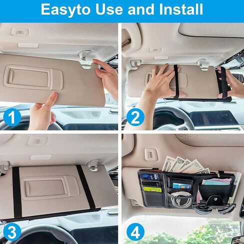 Sun Visor Organizer with Zipper Pockets and Glasses Clip, Multi-Pocket Car Visor Storage Pouch for Essentials, Universal Fit for Cars, SUVs, Trucks, Easy to Install with Elastic Straps, Grey in Saudi Arabia