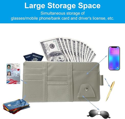 Sun Visor Organizer with Zipper Pockets and Glasses Clip, Multi-Pocket Car Visor Storage Pouch for Essentials, Universal Fit for Cars, SUVs, Trucks, Easy to Install with Elastic Straps, Grey in Saudi Arabia