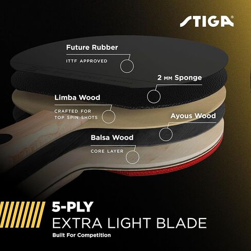 STIGA Bullet Ping Pong Paddle – 5-ply Extra Light Blade – 2mm Premium Sponge – Flared Handle for Masterful Grip – Performance Table Tennis Racket for Competitive Play in Saudi Arabia