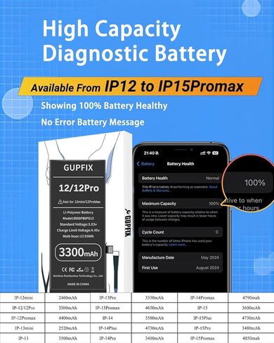 Diagnostic Battery for iPhone 13 No Pop-up Unknown Part Warning, 3500mAh High Capacity Li-Polymer Rechargeable Battery Replacement for iPhone 13 with Full Tool Kit in Saudi Arabia