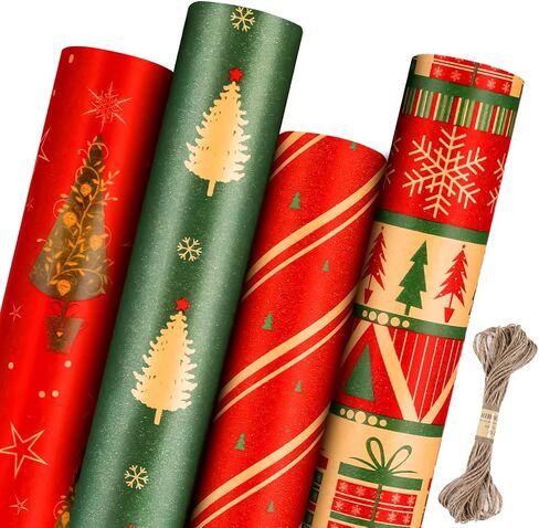 Panigkids Christmas Wrapping Paper(Including Jute Twine), 4 Rolls vintage wrapping paper with Geometric Stripes, Tree & Snowflakes Designs for Christmas Gift Wrap, Thanksgiving & Holiday & Party , 16.9'' x 16.4' in Kuwait