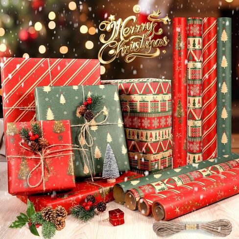Panigkids Christmas Wrapping Paper(Including Jute Twine), 4 Rolls vintage wrapping paper with Geometric Stripes, Tree & Snowflakes Designs for Christmas Gift Wrap, Thanksgiving & Holiday & Party , 16.9'' x 16.4' in Kuwait