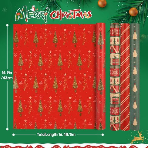 Panigkids Christmas Wrapping Paper(Including Jute Twine), 4 Rolls vintage wrapping paper with Geometric Stripes, Tree & Snowflakes Designs for Christmas Gift Wrap, Thanksgiving & Holiday & Party , 16.9'' x 16.4' in Kuwait