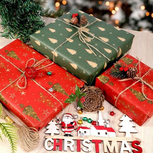 Panigkids Christmas Wrapping Paper(Including Jute Twine), 4 Rolls vintage wrapping paper with Geometric Stripes, Tree & Snowflakes Designs for Christmas Gift Wrap, Thanksgiving & Holiday & Party , 16.9'' x 16.4' in Kuwait