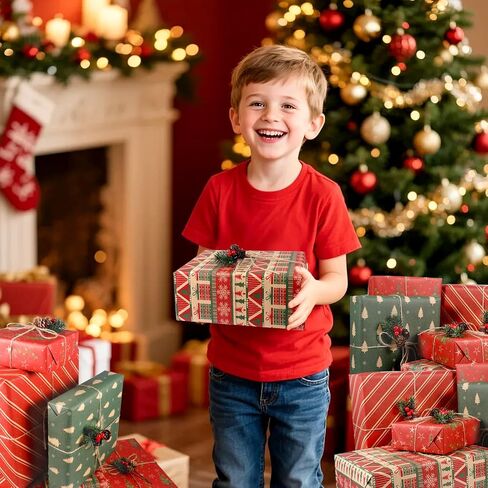 Panigkids Christmas Wrapping Paper(Including Jute Twine), 4 Rolls vintage wrapping paper with Geometric Stripes, Tree & Snowflakes Designs for Christmas Gift Wrap, Thanksgiving & Holiday & Party , 16.9'' x 16.4' in Kuwait
