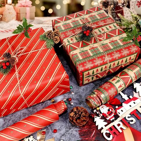 Panigkids Christmas Wrapping Paper(Including Jute Twine), 4 Rolls vintage wrapping paper with Geometric Stripes, Tree & Snowflakes Designs for Christmas Gift Wrap, Thanksgiving & Holiday & Party , 16.9'' x 16.4' in Kuwait