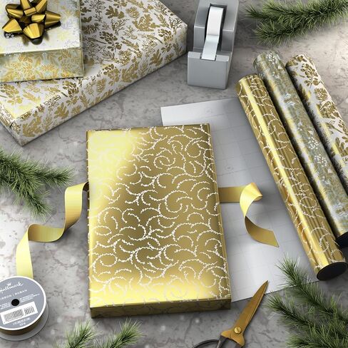 Hallmark Gold Foil Wrapping Paper Mini Rolls, 3-Pack (Shiny Gold Filigree and Foliage on Ivory and Mint Green) for Christmas, Hanukkah, Valentine's Day, Mother's Day, Weddings - 40 Sq. Ft. Total in Saudi Arabia