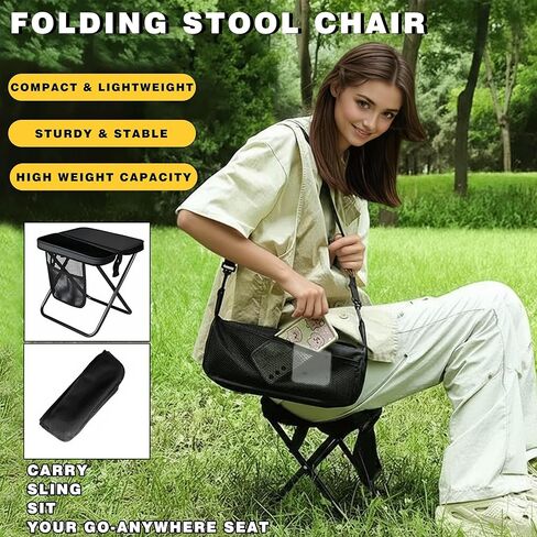 مقعد ظهر قابل للطي - كرسي جيب محمول مع حقيبة تخزين، حقيبة قابلة للتحويل للحمل بدون استخدام اليدين وتدعم 265 رطل، خفيف الوزن للمشي لمسافات طويلة وصيد الأسماك والتخييم والمهرجانات (أسود) in Kuwait