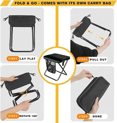 مقعد ظهر قابل للطي - كرسي جيب محمول مع حقيبة تخزين، حقيبة قابلة للتحويل للحمل بدون استخدام اليدين وتدعم 265 رطل، خفيف الوزن للمشي لمسافات طويلة وصيد الأسماك والتخييم والمهرجانات (أسود) in Kuwait