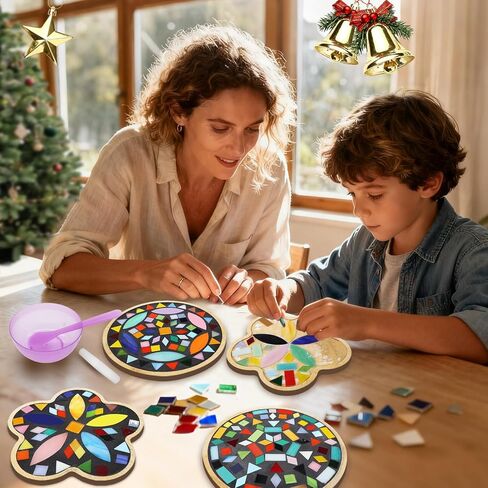4 Set DIY Mosaic Craft Kits for Adult, Mixed Color Mosaic Kits with Wooden Coasters Make Your Own Mosaic Project Handmade Craft for Handmade Home Decor Christmas Gifts in Saudi Arabia