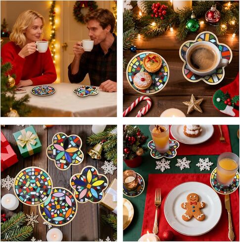 4 Set DIY Mosaic Craft Kits for Adult, Mixed Color Mosaic Kits with Wooden Coasters Make Your Own Mosaic Project Handmade Craft for Handmade Home Decor Christmas Gifts in Saudi Arabia