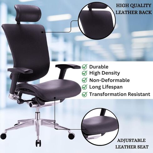 كرسي مكتب مريح من الجلد الطبيعي من دريم - دعم أسفل الظهر، كرسي تنفيذي حديث للمنزل والمكتب - كرسي مكتب مريح مع مسند للرأس، ظهر بسقاطة، مسند ذراع قابل للتعديل 4D - أسود in Kuwait