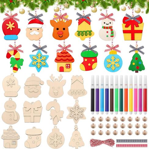 Bucherry 24 Pcs Wooden Christmas Ornaments 3D Unfinished Wooden Christmas Ornament Crafts Xmas Unfinished Wood Slices with Wood Beads for Xmas Tree Decor Holiday Party Making Painting Supply(Cute) in Saudi Arabia