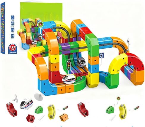 مجموعة قطار كهربائي للأطفال من ساكر، مسار بناء فيوجن سحري مع شحن USB، أكثر من 100 قطعة من ألعاب السكك الحديدية مع ملحقات واقعية (123 قطعة) in Kuwait